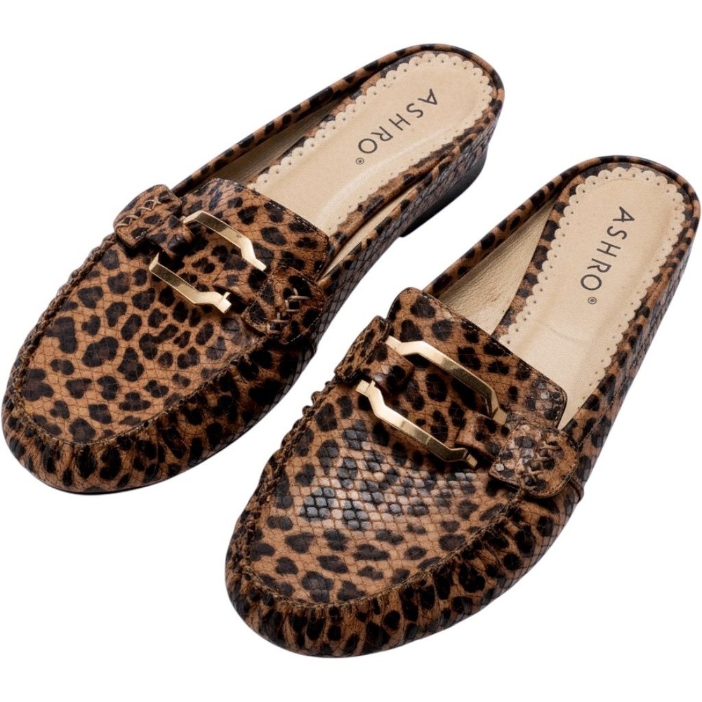 Ashro Women Leopard Print Mule Loafers Gold Hardware Wedge Heel Size 10W Brown